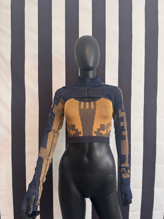 adidas Tops - adidas Navy and Tan Geometric Crop Zip-Front Sleeves and Sports Bra